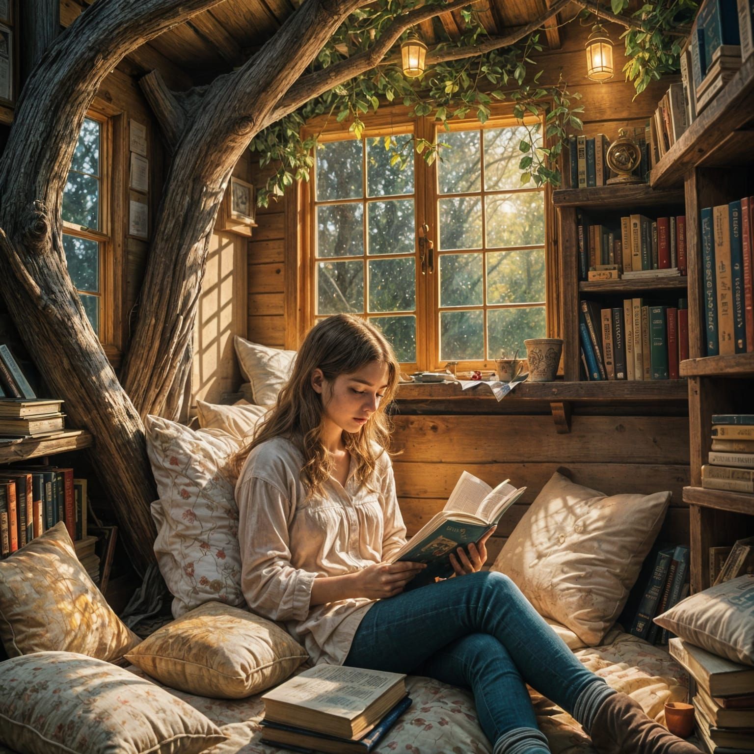 Cozy Reading Nook in Treehouse: Impressionistic Painting