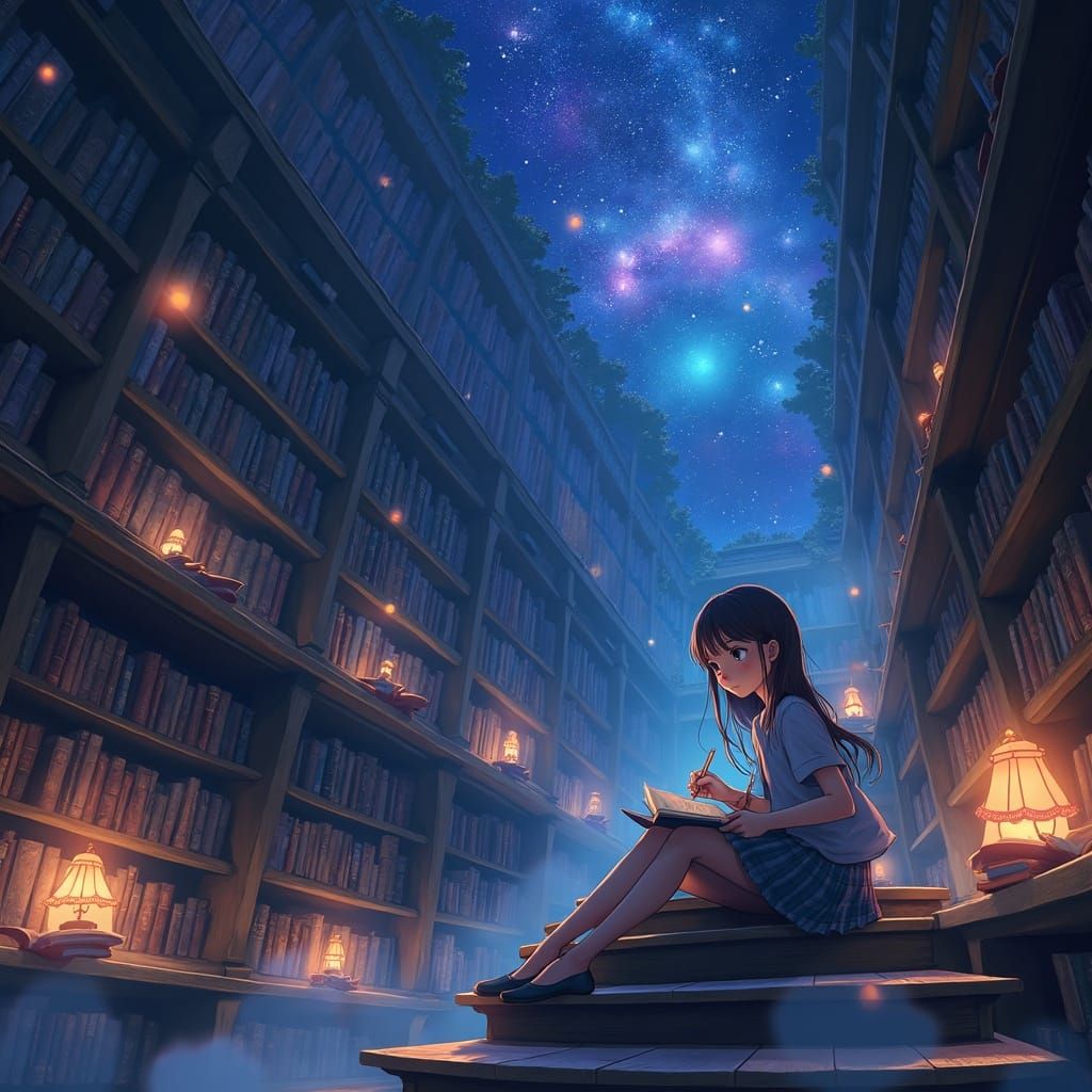 Anime Girl in Magical Library with Galaxy Sky