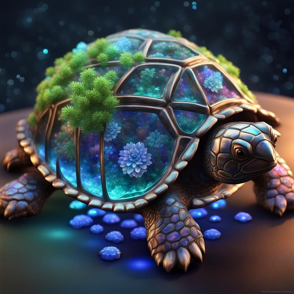 Crystal Turtle Shell Sculpture with Bioluminescent Plants