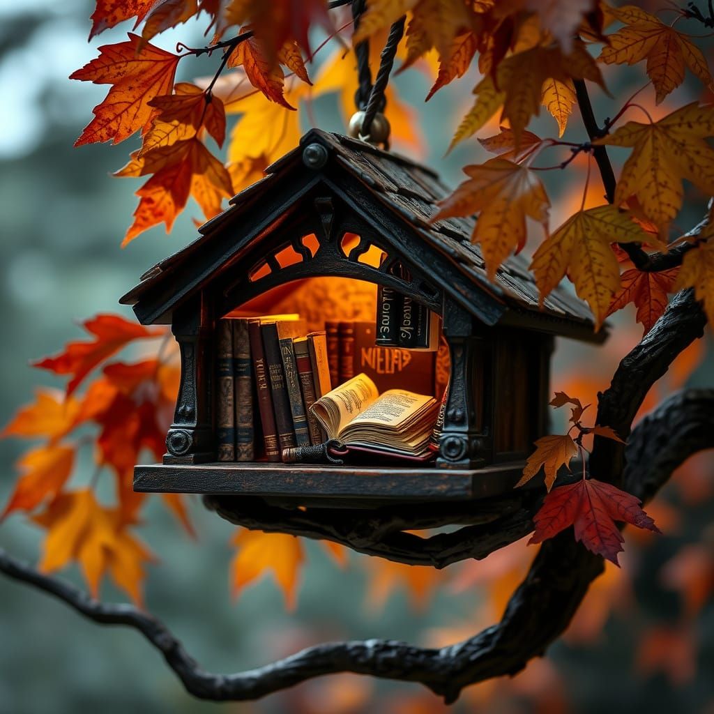 Enchanting Library Birdhouse in Autumnal Illustration Style