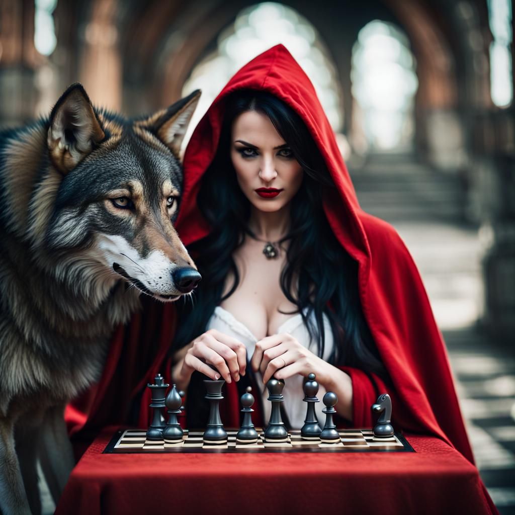 Woman Plays Chess With Wolf in Steampunk Style