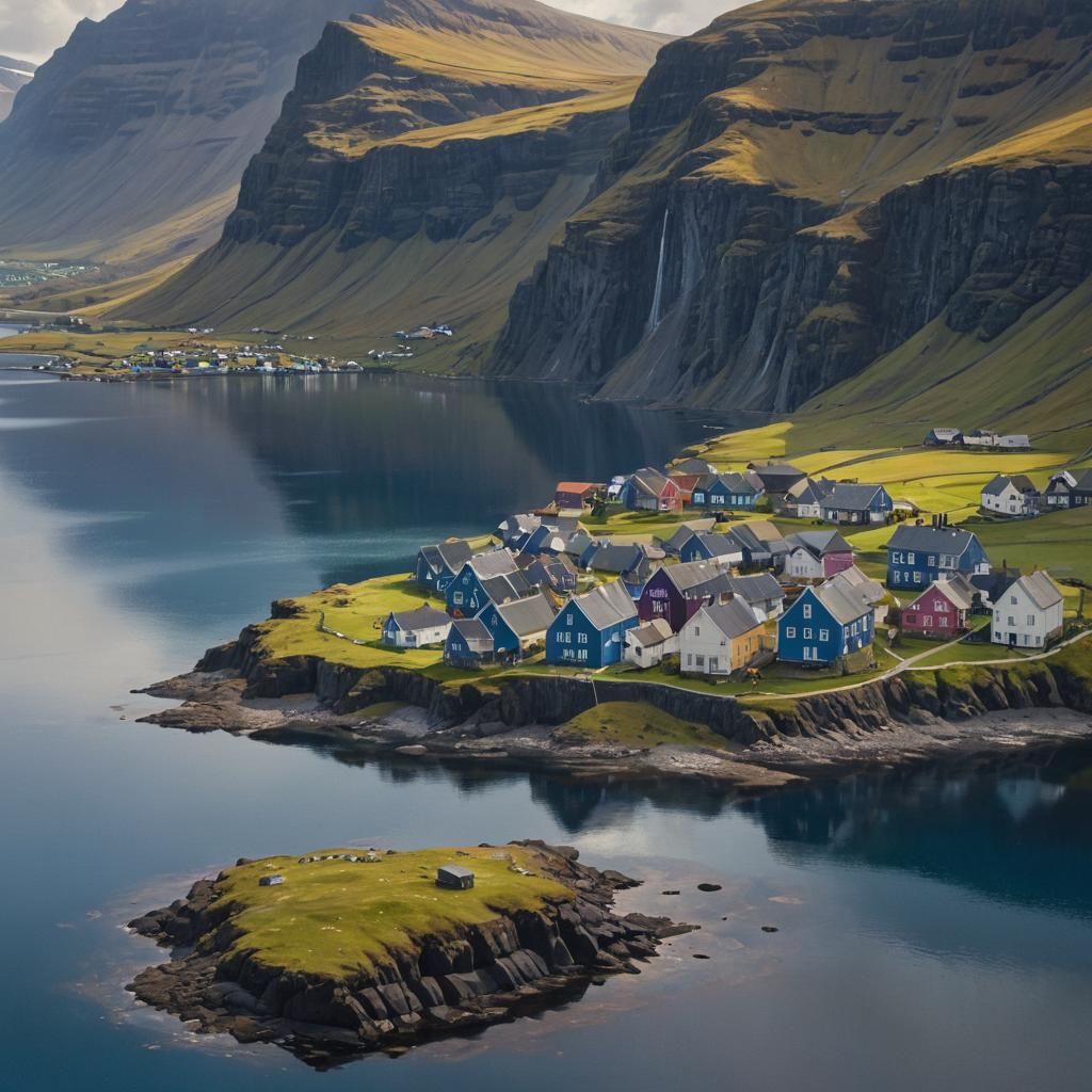 Vibrant Faroe Islands Village in Dreamlike Surrealist Landsc...