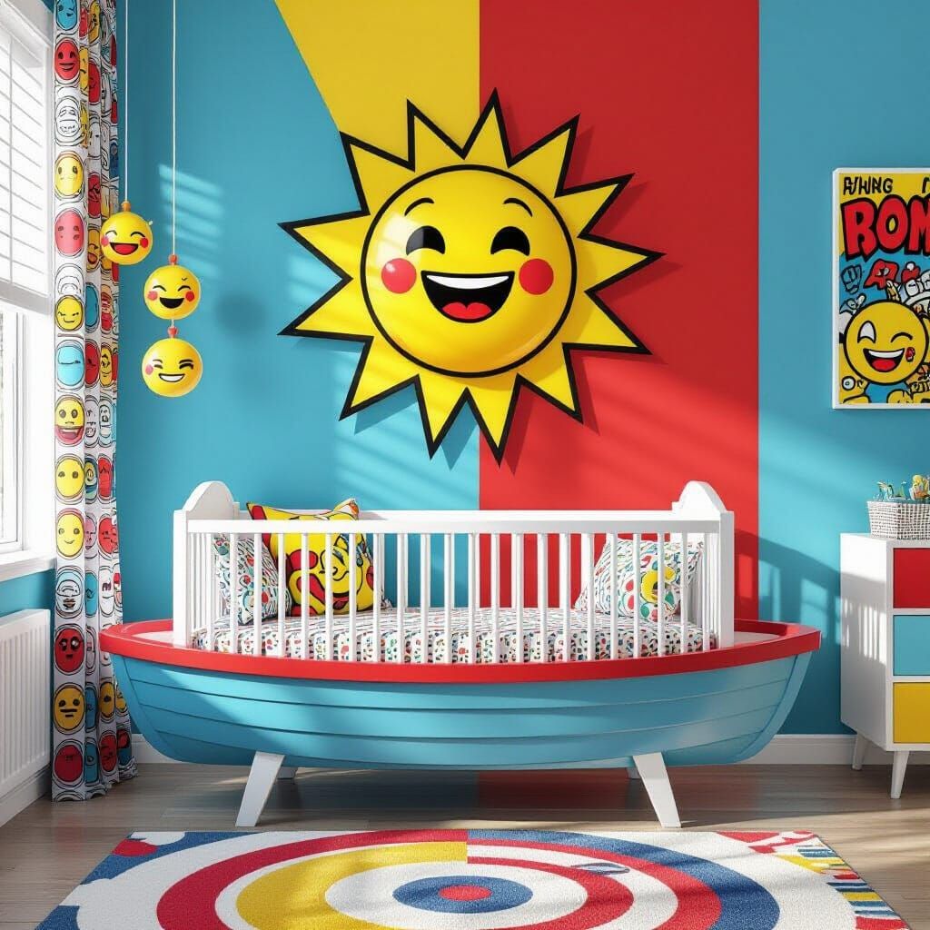 Pop Art Nursery with Boat Crib and Emoji Mobile