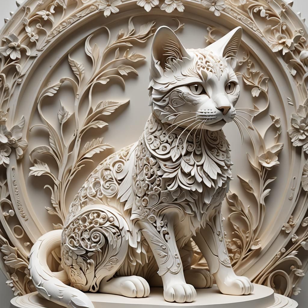 Hyperrealistic Cat Sculpture in Wood Carving Style
