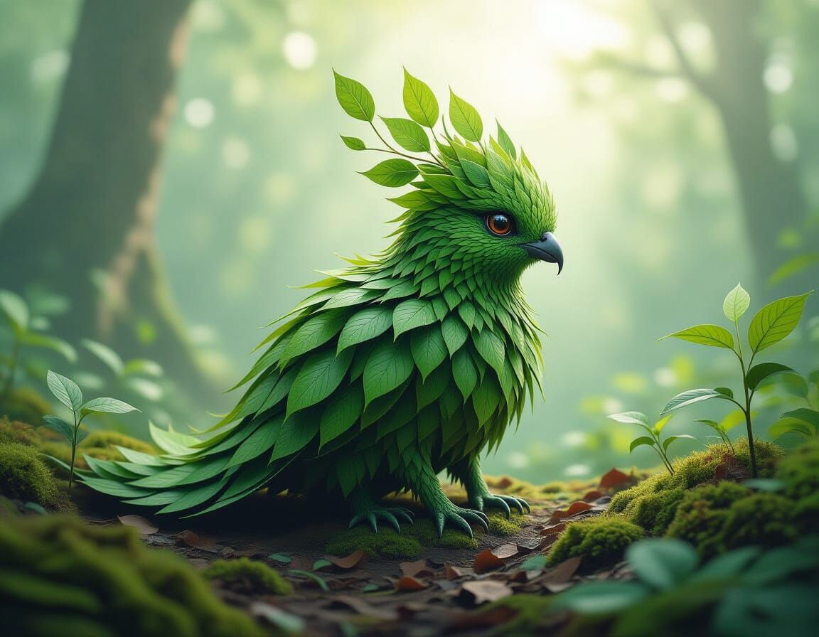Surreal Creature of Leaves and Bark in Mystical Atmosphere