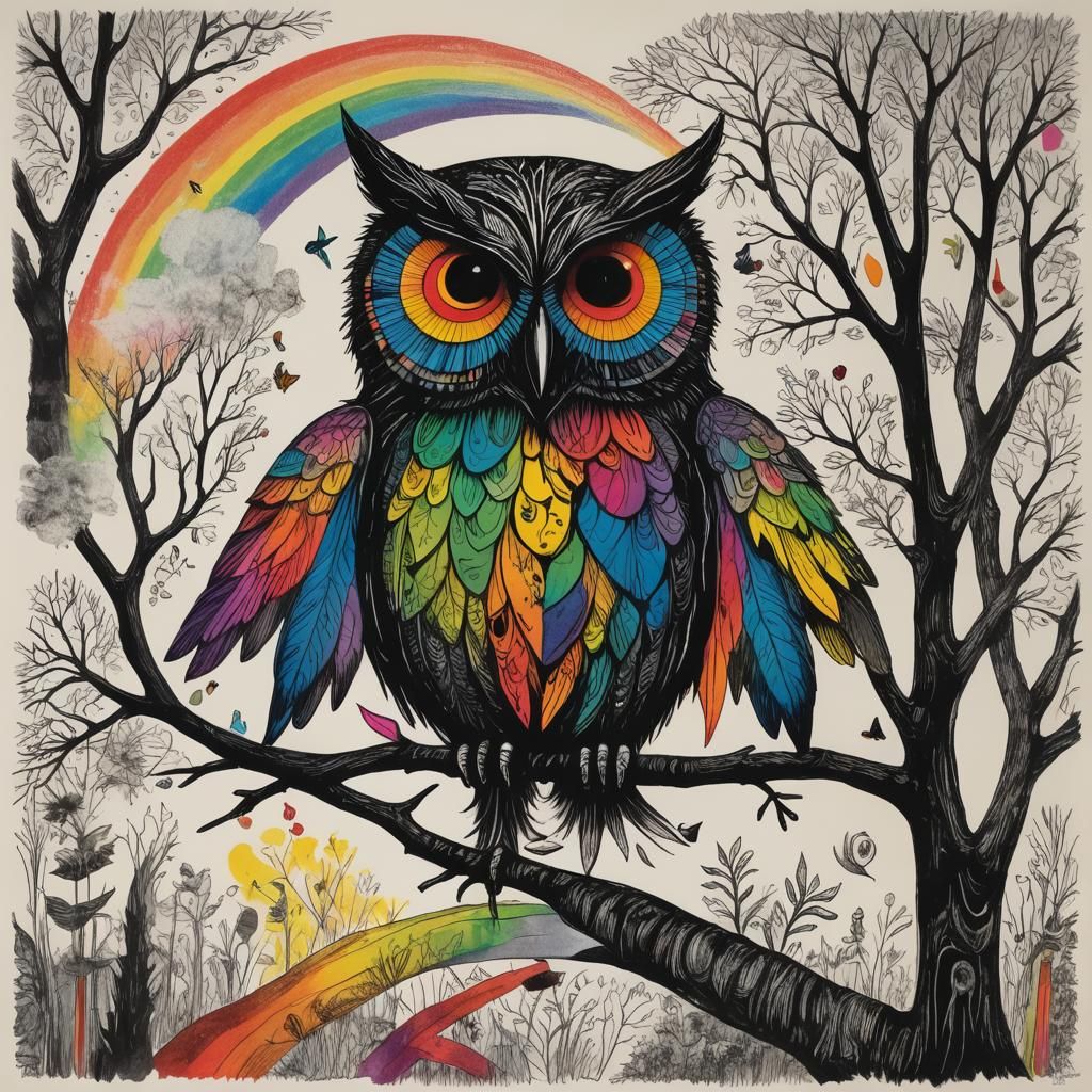 Scary Monster and Rainbow Fairy in Surreal Drawing