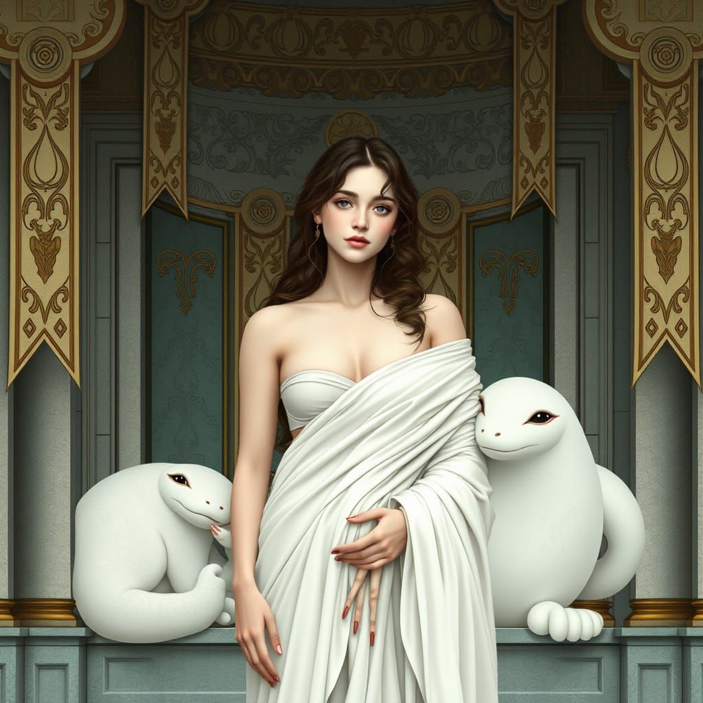 Modest Woman in Temple with Snow Slime, Art Nouveau