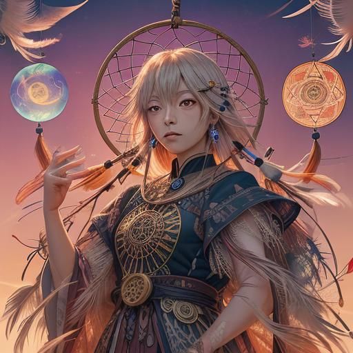 Surreal Dreamcatcher with Tarot Cards in Anime Style