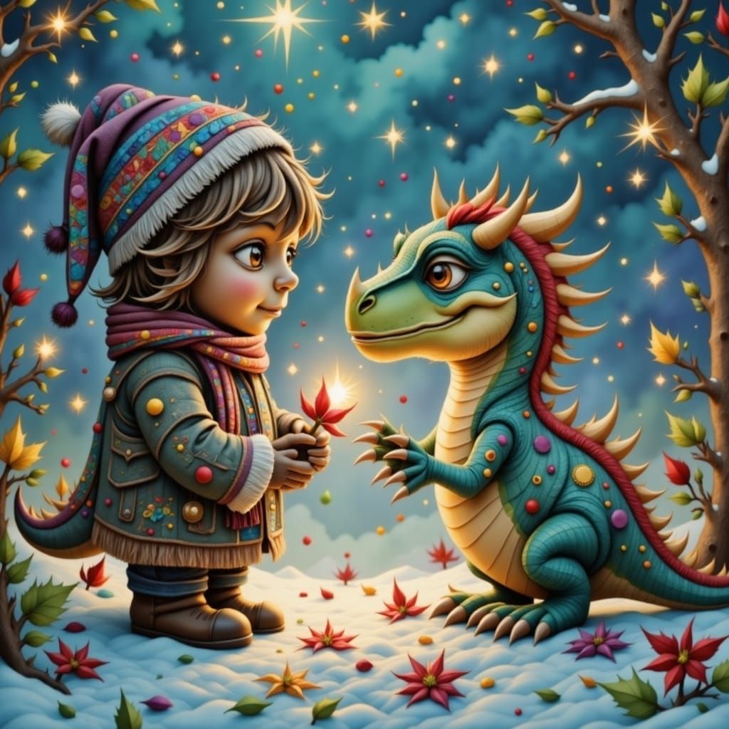 Child Offers Poinsettia to Gentle Triceratops in Enchanting....