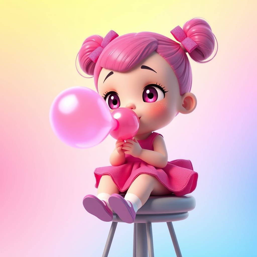 Whimsical Girl Blows Bubbles in a Vibrant World