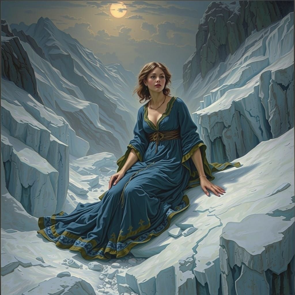 Woman in Blue Negligee on Glacier, Gustave Dore Style