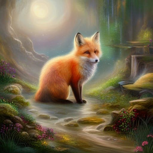 Ethereal Fluffy Fox Puppy in a Fantasy Landscape