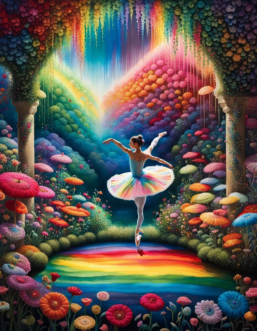 Rainbow Ballet in Magical Garden Inspired by Fluid Gouache