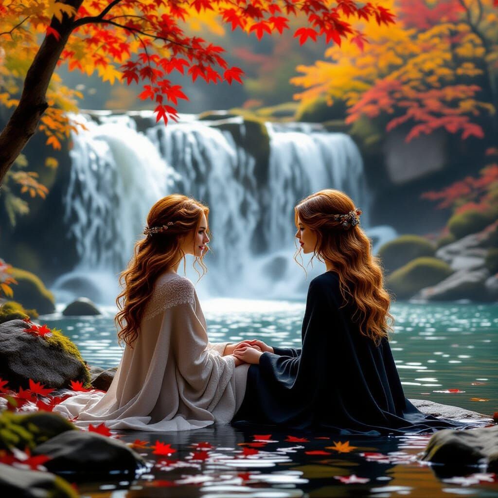 Serene Woman at Autumn Waterfall in Cinematic Light