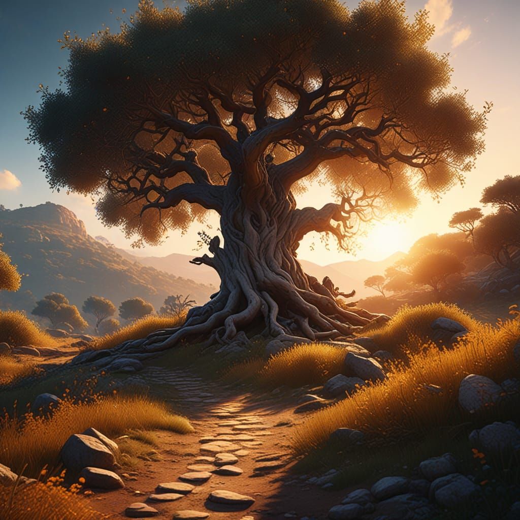 Ancient Olive Tree Silhouetted in Sunset Glory