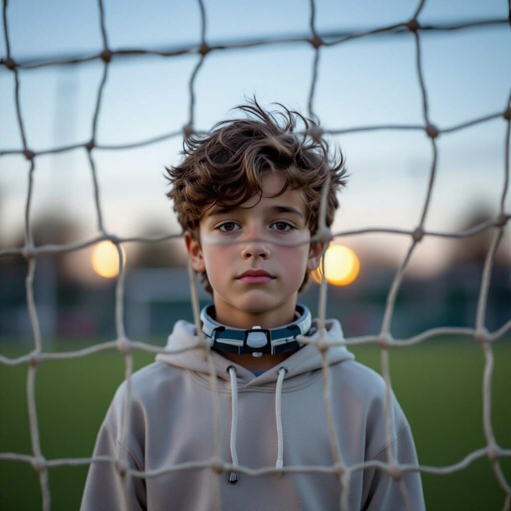 Young Football Goalie in Evening Light