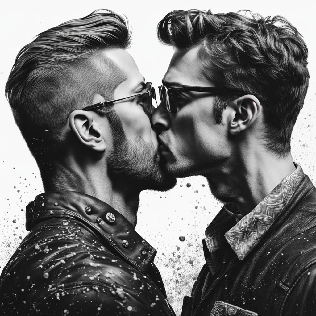 Two Men Kissing While Grooming