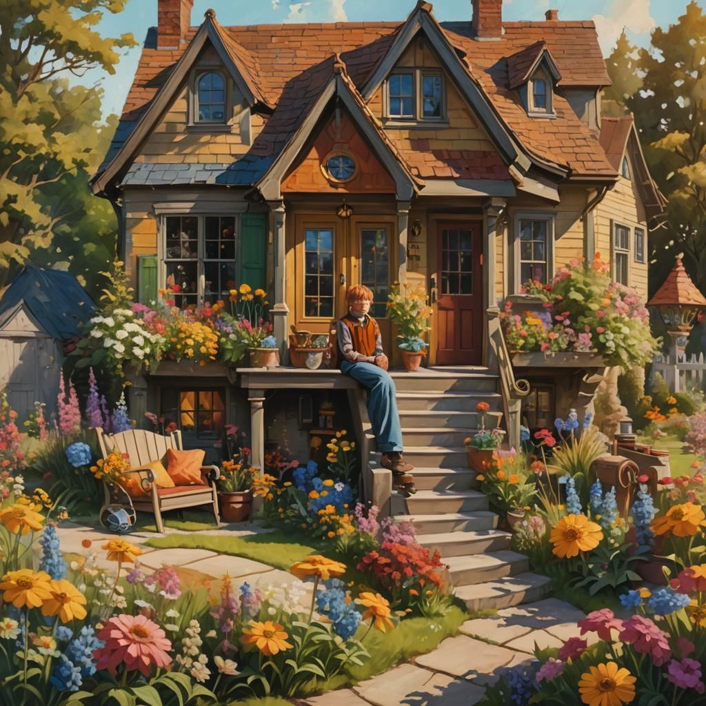 Whimsical Wizarding Home with Colorful Garden as Oil Paintin...