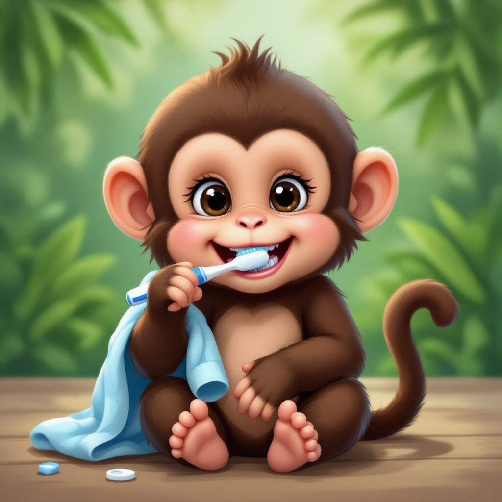 Cute Monkey Brushing Teeth with Towel