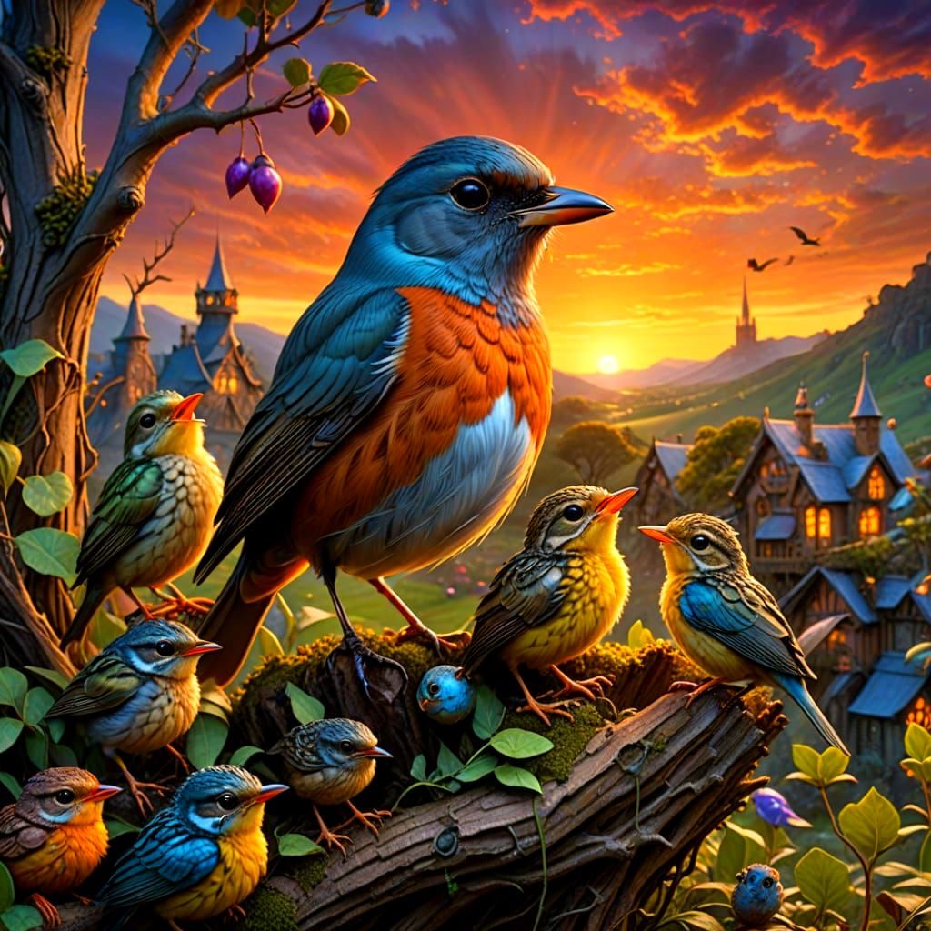 Proud Robin and Hatchlings in Maximalist 3D Fantasy