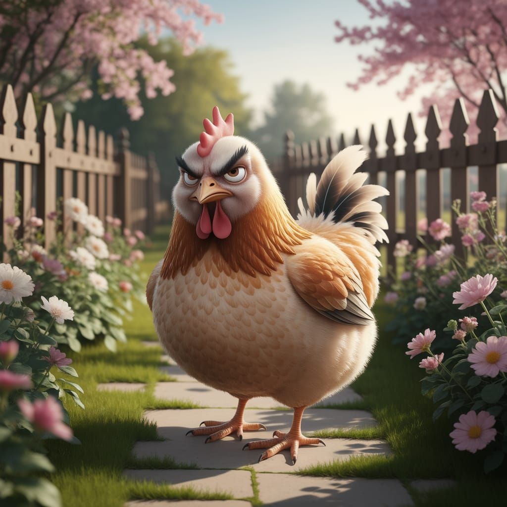 Grumpy Chicken in a Sunny Flower Garden