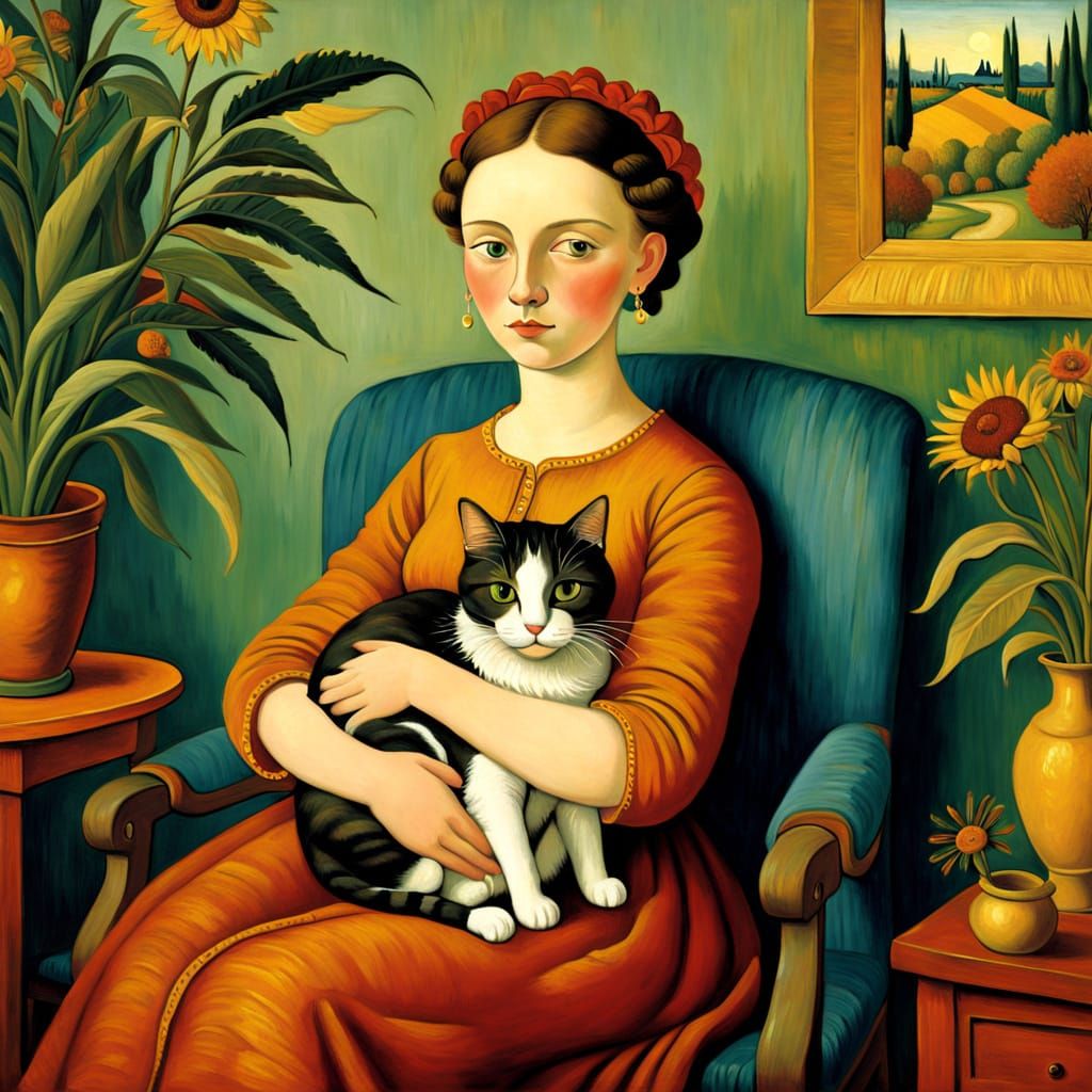 Cozy Folk Art Scene with Woman and Cat