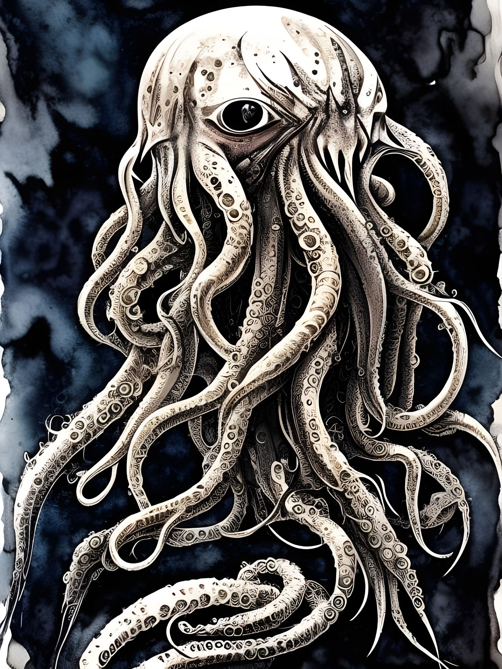 Detailed Ink Portrait of Cthulhu in Gouache Style
