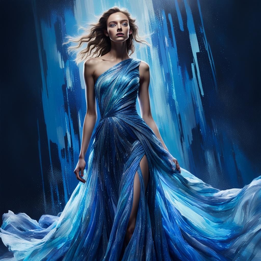 Model in Glowing Blue Gown as Impressionist Splash Art