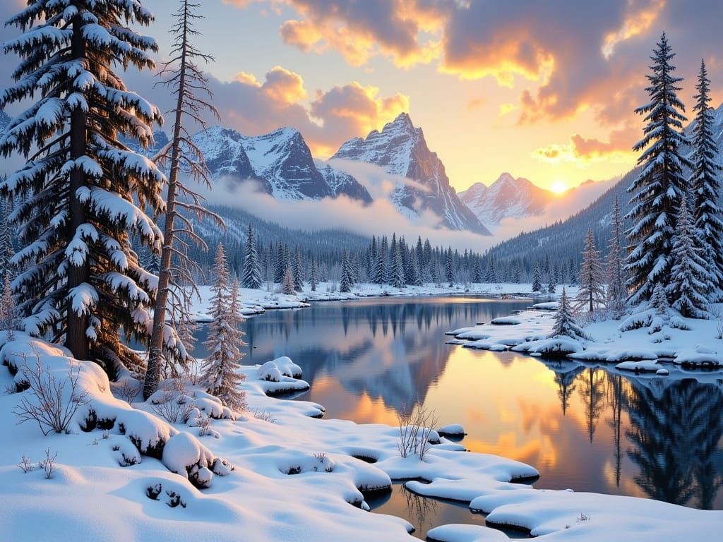 Snowy North Country Landscape in Oil Paint Style