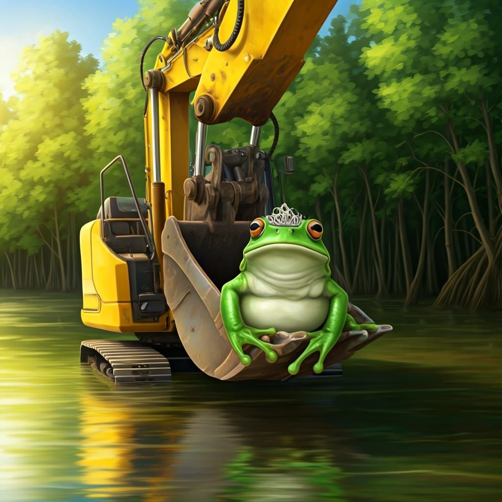 Anthropomorphic Frog in Excavator Bucket in Swamp