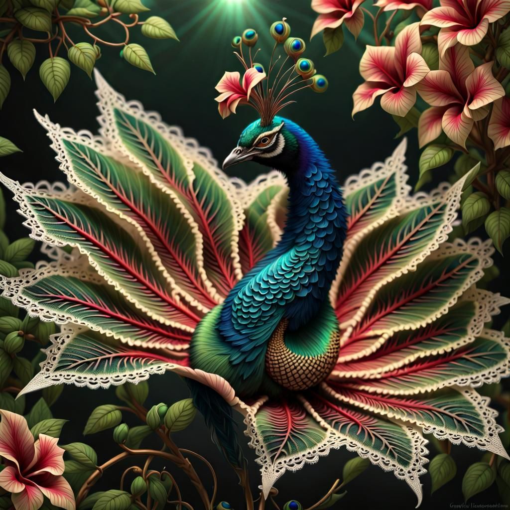 Peacock Witch in Futuristic Fractal Garden