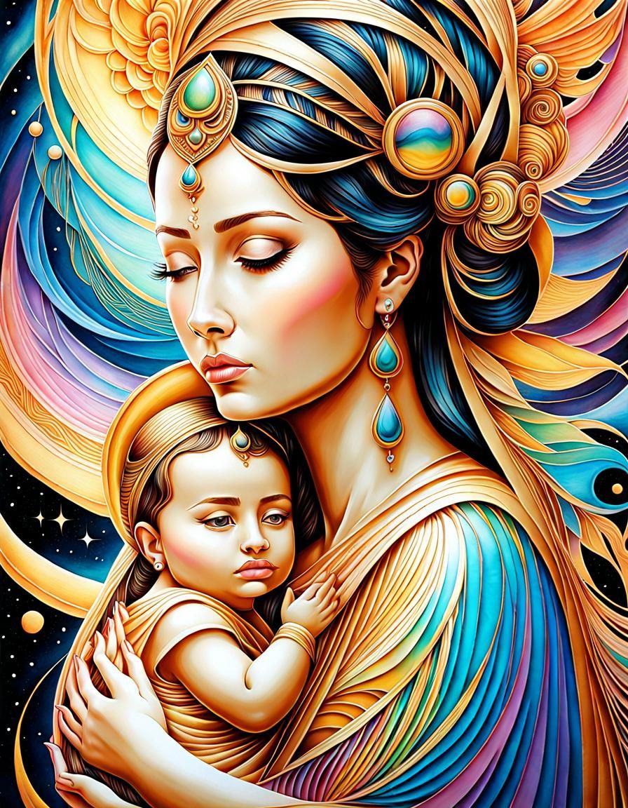 Ink Illustration: Mother and Child in Pastel Geometry
