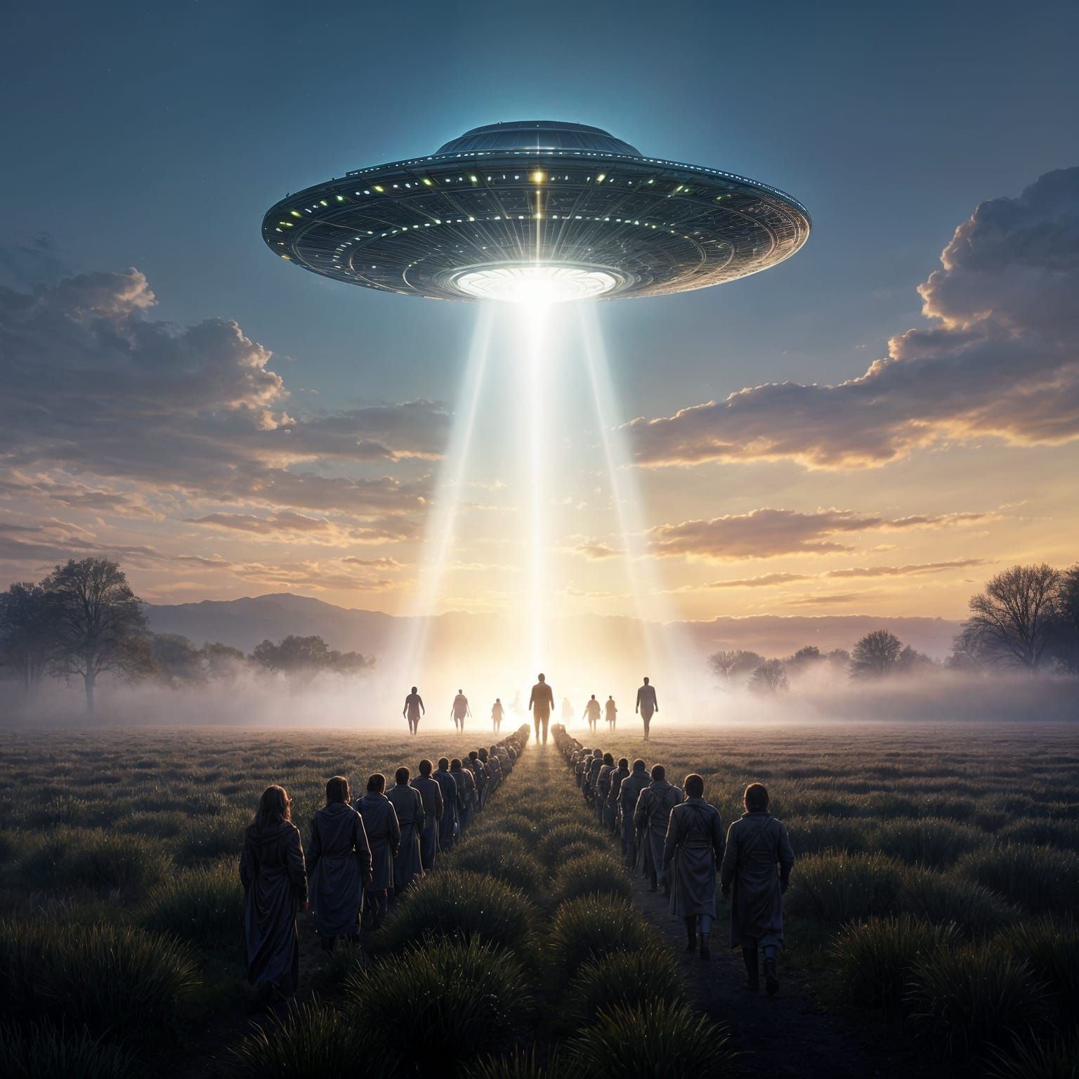 Otherworldly Summons: Humans Ascending to UFO at Dusk