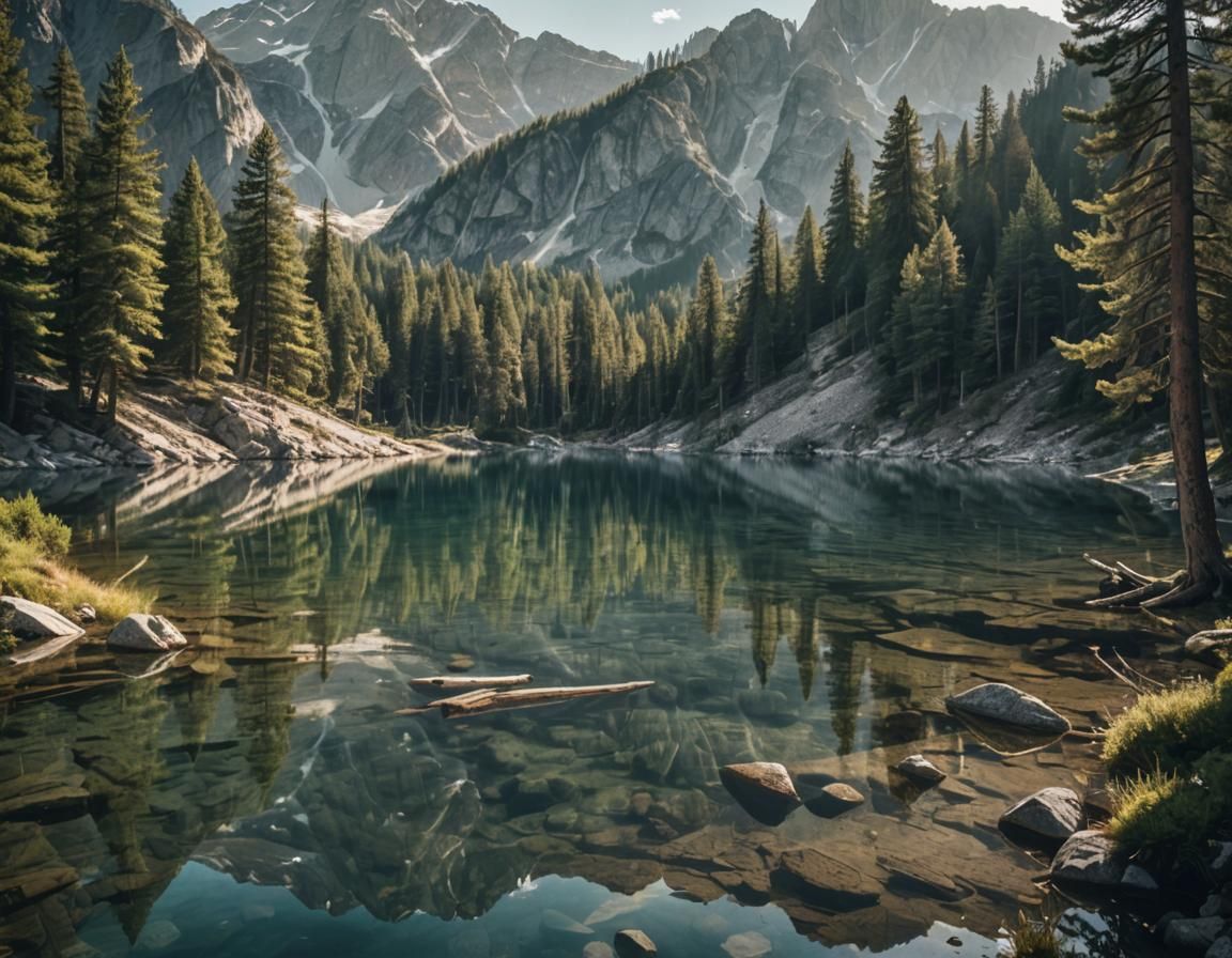 Mirror Lake Reflects Towering Mountains: Cinematic Film Stil...