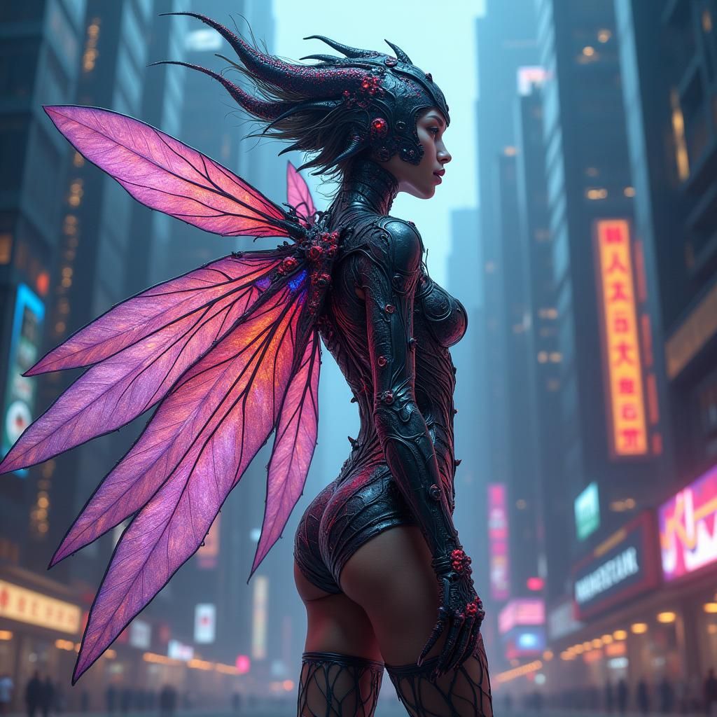 Futuristic Locust Woman in High-Tech Cityscape