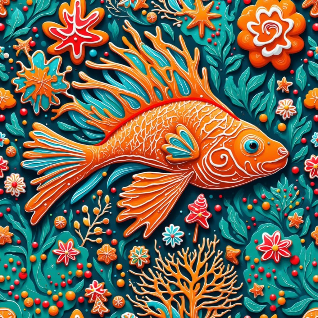 Gingerbread Lionfish Tree, AI Generated Image