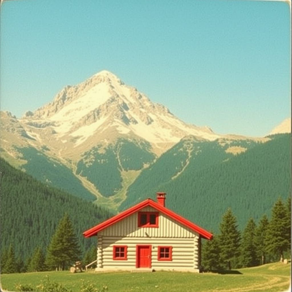 Retro Mountain Postcard with Log Cabin