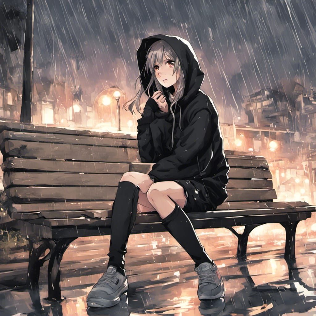 Anime Girl Crying in the Rain on Bench