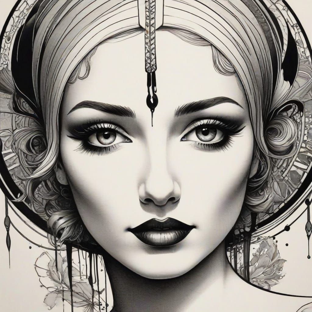 Sultry Art Deco Portrait in Ink Drawing Style