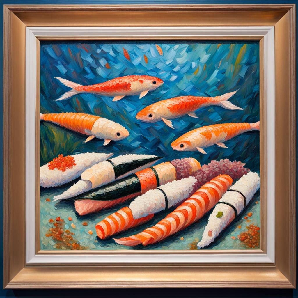 Mermaids Eat Sushi: Neo-Impressionist Aquarium Scene