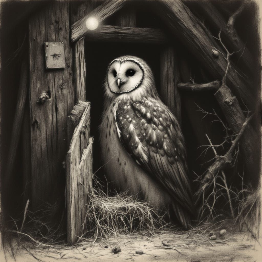 Barn Owl in Moonlight: Charcoal Drawing