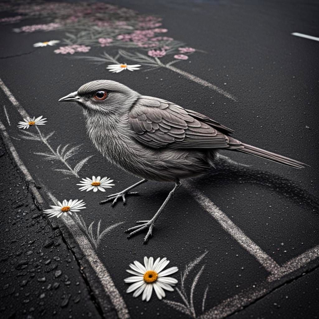 Chalk Bird with Flowers on Pavement