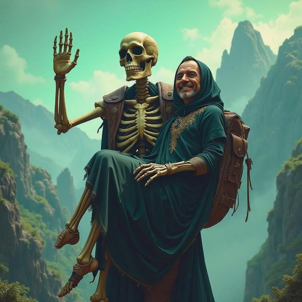 Skeleton Porter in Mountain Landscape, Detailed Matte Painti...