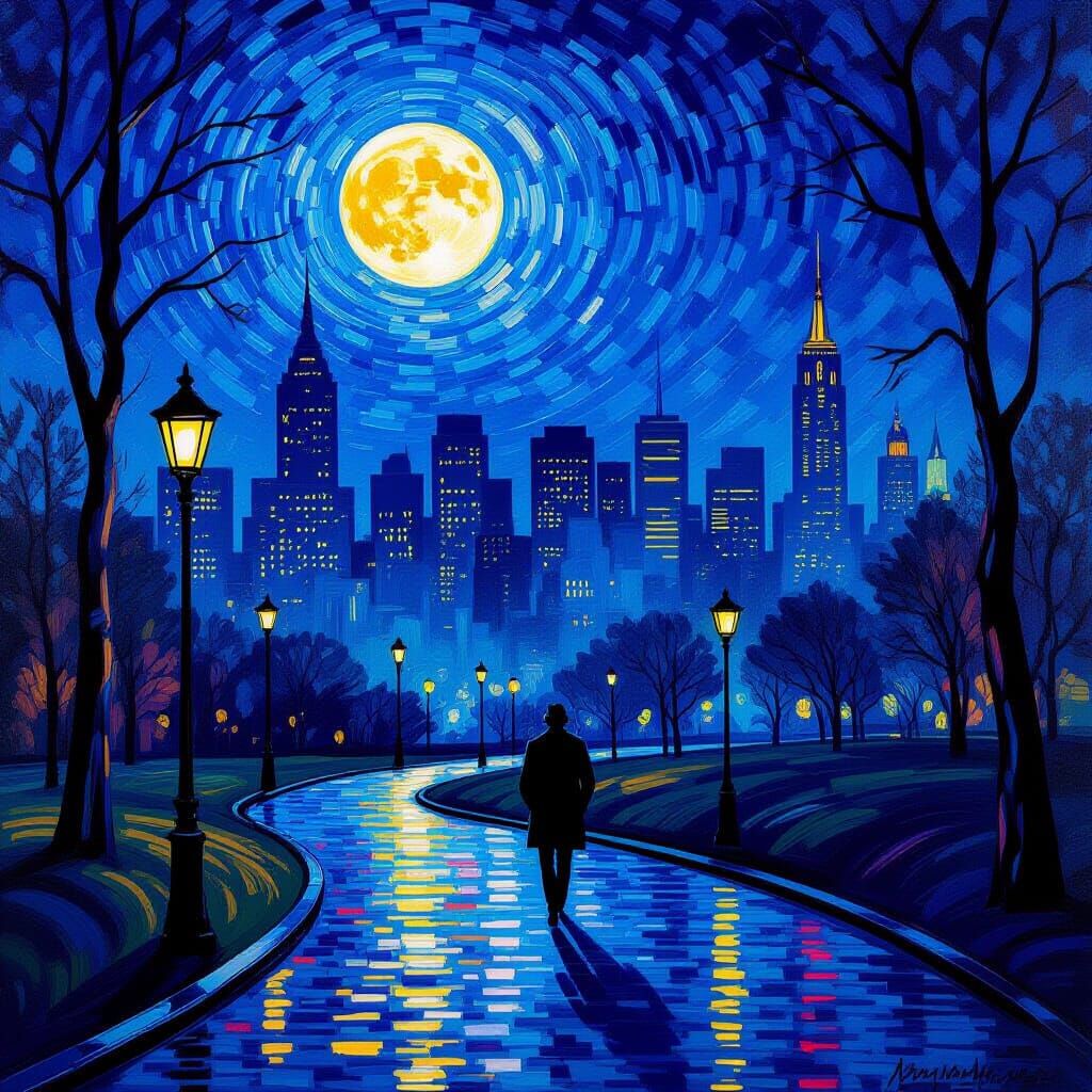 Moonlit City Park Stroll in Post-Impressionist Style