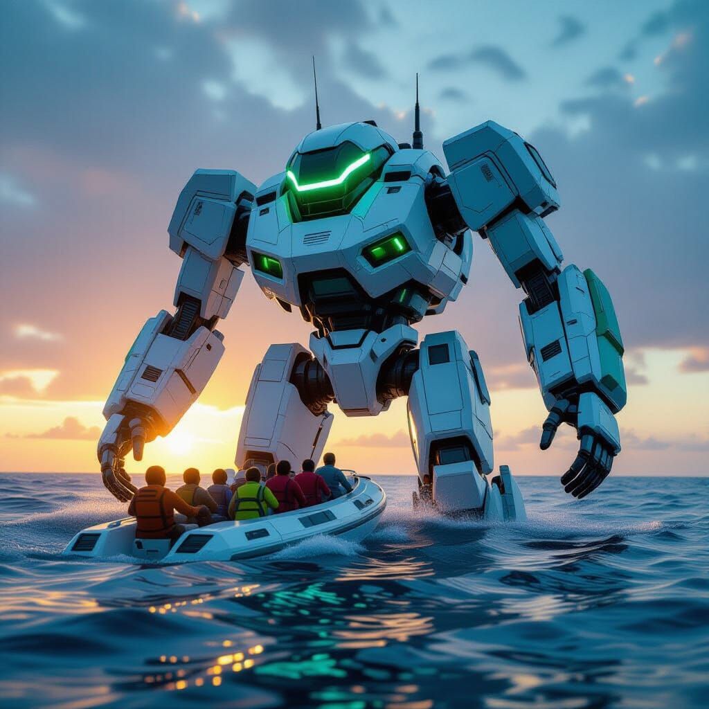 Futuristic Ship Rescue by Gigantic Robot: Hyper-Realistic Ph...