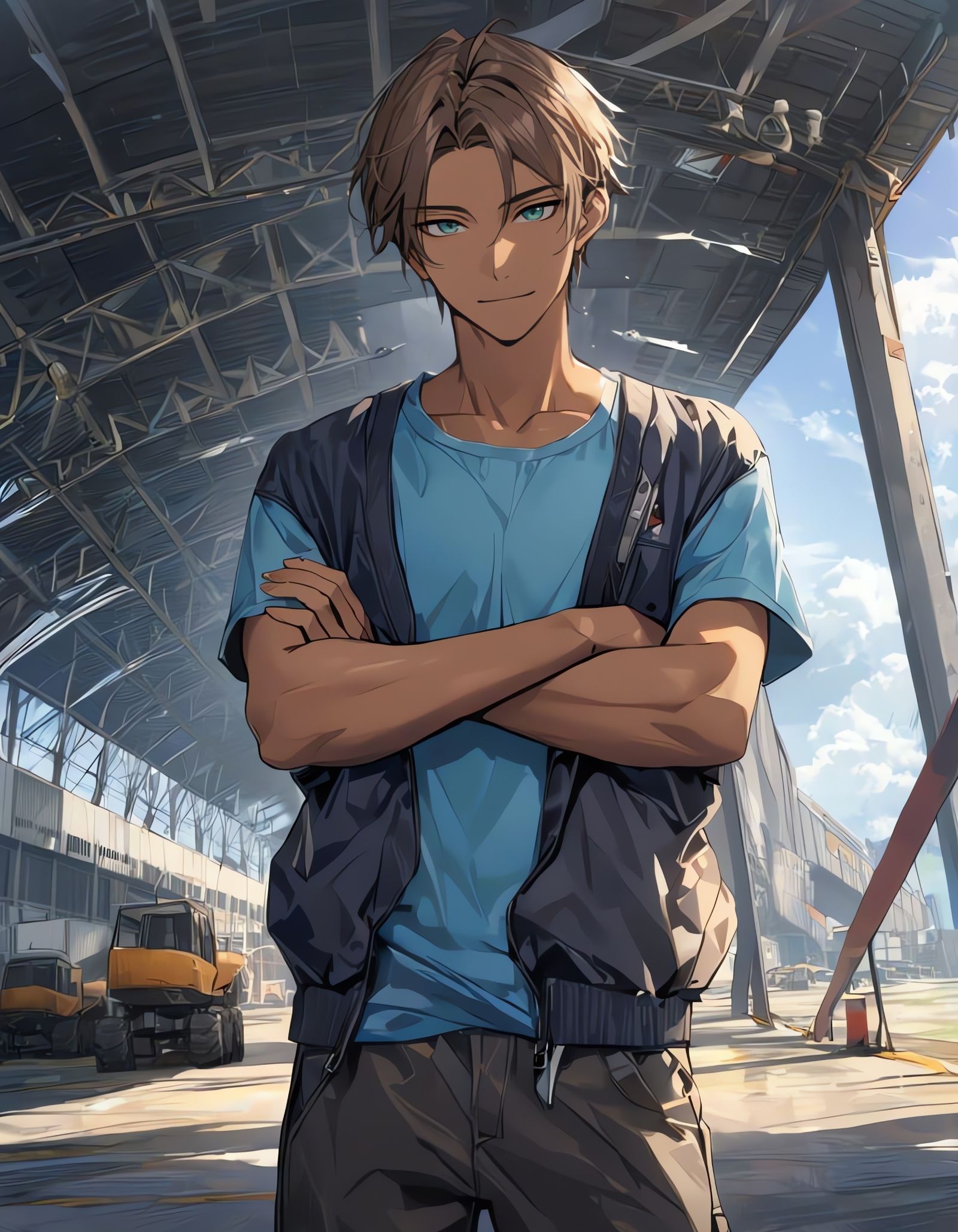 Bishounen Cowboy Pilot Stands Tall in Hangar