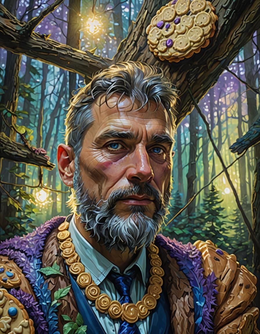 Grey Wolf Portrait in Forest, Digital Oil Painting