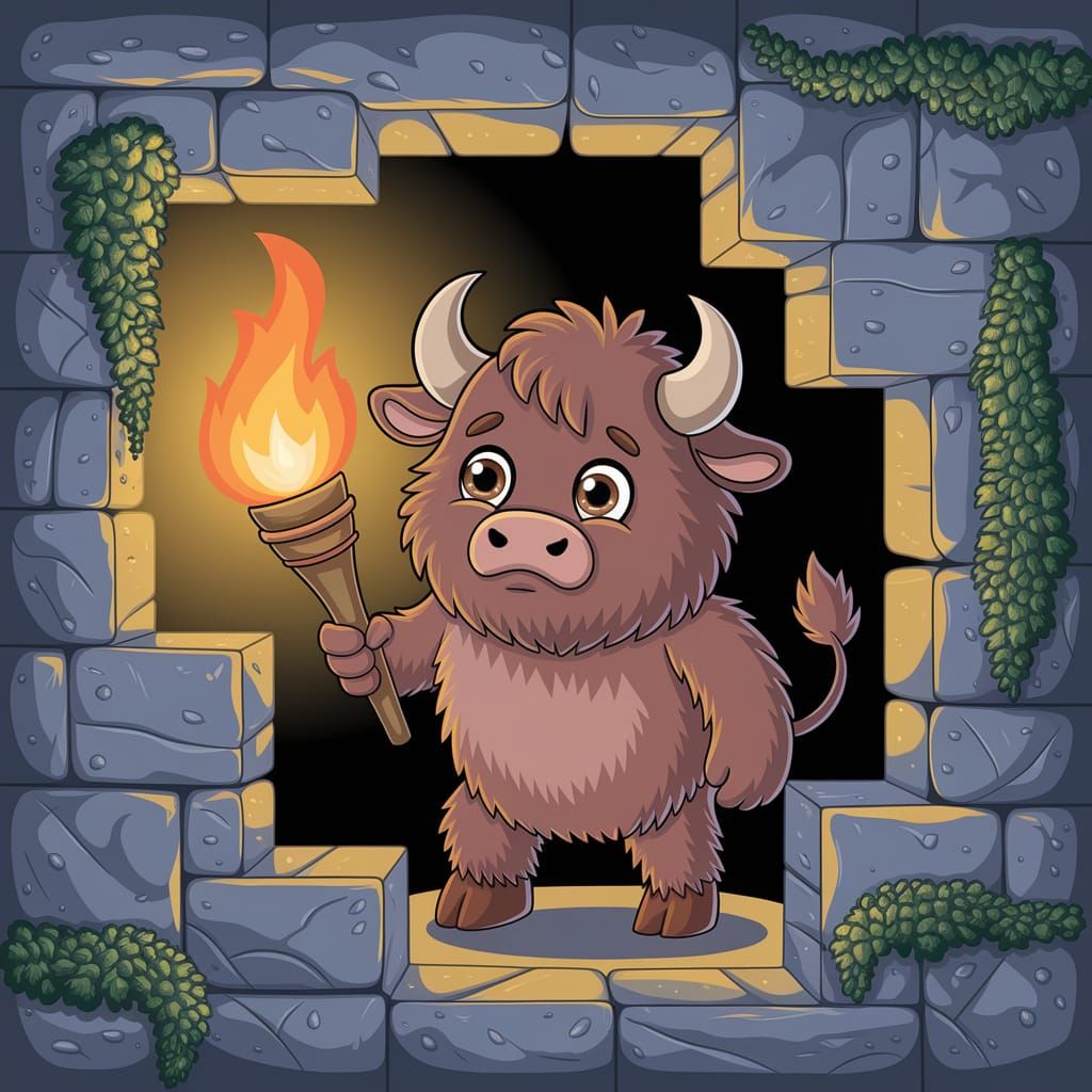 Cute Minotaur Lost in Stone Labyrinth Cartoon