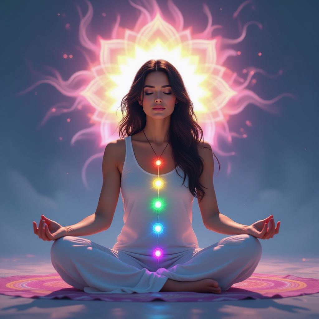 Meditative Woman with Aura in Digital Art Style