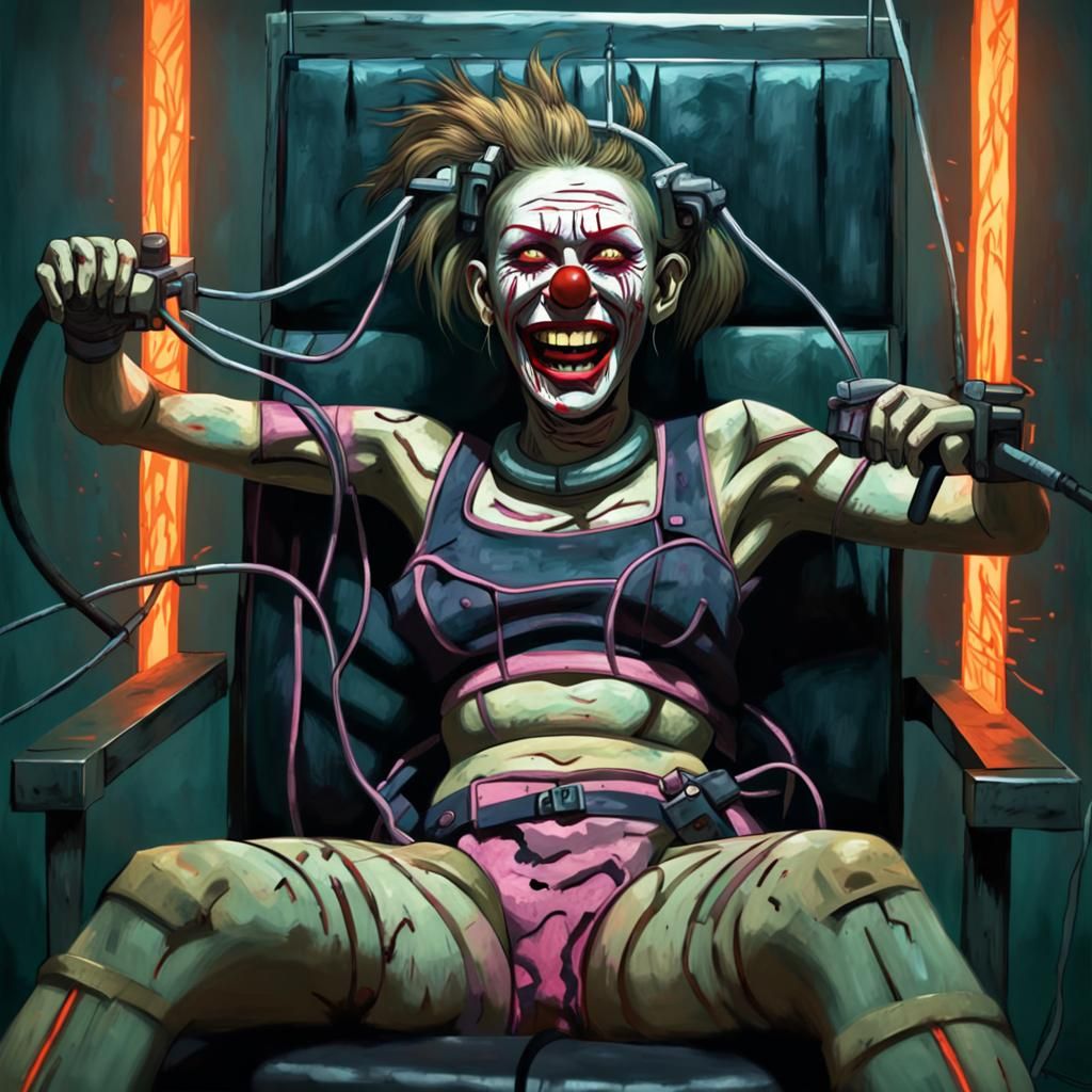 Cubist Zombie Clown Electrocution in Cyberpunk Style